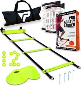 Pro Agility Ladder and Cones - Speed and Agility Training Set with 15 ft Fixed-Rung Ladder & 12 Cones for Soccer, Football, Sports, Exercise, Workout, Footwork Drills - Includes Heavy Duty Carry Bag